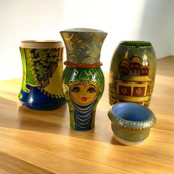 Wooden Vintage art gift box matryoshka bottle holder Russian doll hand painted - Picture 3 of 13